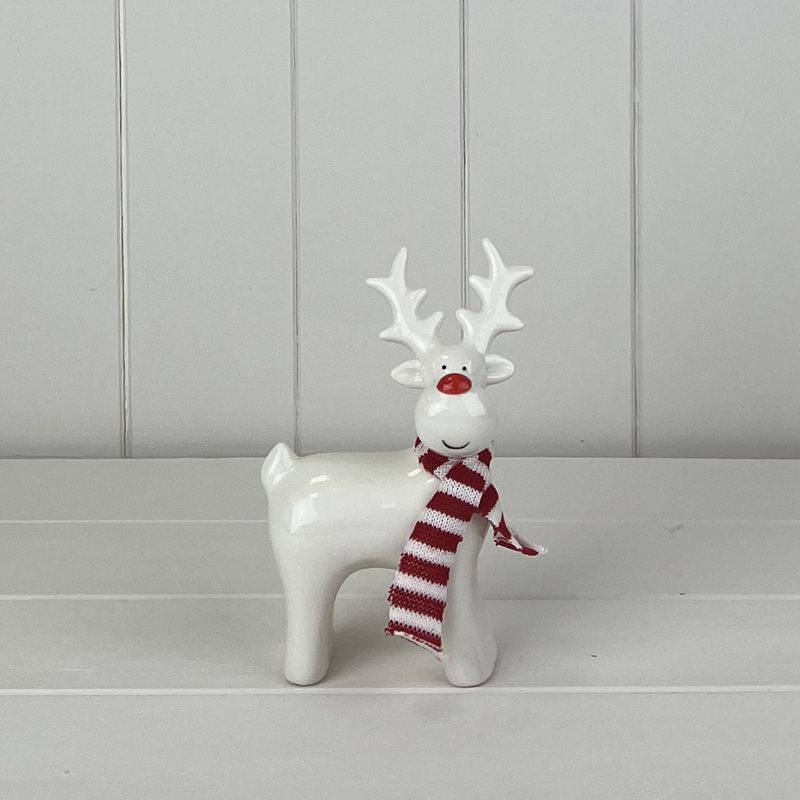 Large White Ceramic Reindeer Ornament with Knitted Scarf detail page